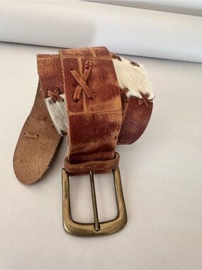 Brown Leather Belt with Cowhide Accent